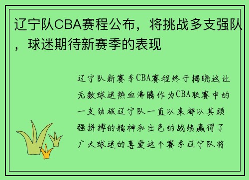 辽宁队CBA赛程公布，将挑战多支强队，球迷期待新赛季的表现