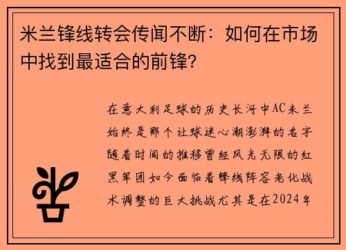 米兰锋线转会传闻不断：如何在市场中找到最适合的前锋？